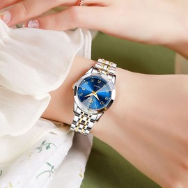 OLEVS Relojes para Mujer Analógico Cuarzo Fecha Lujo Moda Impermeable Luminoso Moda Casual Elegante Acero Inoxidable Dos Tonos Reloj de Pulsera