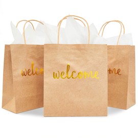 Gold Foil Welcome Gift Bag with Tissue Paper (Kraft, 15 Pack)