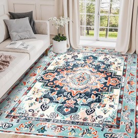 VFROO 5x7 Machine Washable Area Rug, Ultra Soft Low-Pile Boho Vintage Carpet, Non-Slip Indoor Rug for Living Room, Bedroom (Orange & Green)