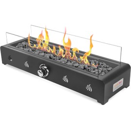 Onlyfire 28 Inch Tabletop Gas Fire Pit, Outdoor Propane Fire Pit Bottom Mounted with Glass Wind Guard and Lava Rock, Rectangular Smokeless Fire Table Indoor Outdoor Fireplace