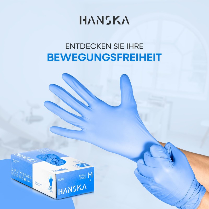 HANSKA Disposable Nitrile Gloves, Blue, Powder-Free, Insert and Bet, Ambidextrous,