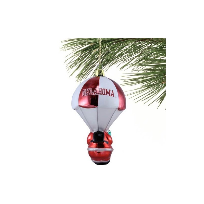 Oklahoma Sooners Parachute Santa Claus Blown Glass Ornament