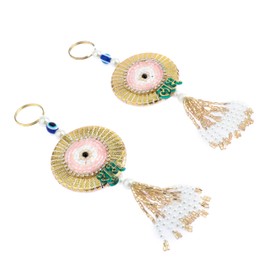 Auspicious Shubh Labh Hanging Evil Eye Bandanwar Door Wall Hanging Indian Traditional decor decorations Festival Handcrafted Valance Religious Showpiece for Home Temple Decor(Size:-5"X2")(Pink)