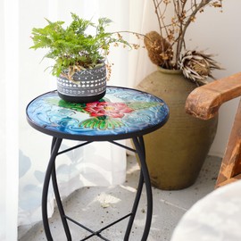 VCUTEKA Patio Side Table Outdoor Accent Table Bistro Coffee Table Plant End Table Small Porch Table Indoor Round Glass Balcony Plant Table Stands Hummingbird 14''