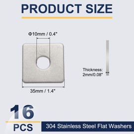 sourcing map 16 Pcs Flat Square Plate Washer, 10MM ID x 35MM OD x 2MM Thick 304 Stainless Steel Flat Pad Spacer Gasket for Bolts Factories Bathroom Repair Shops Construction, Silver