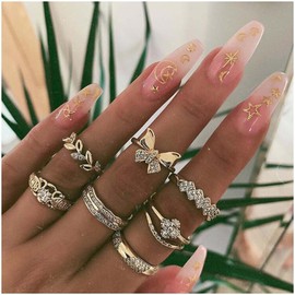 Sttiafay 7 Pcs Crystal Butterfly Leaf Stackable Ring Set for Women Girls, Metal Rhinestone Metal, Crystal