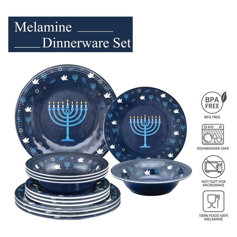 UPware 12 Piece Hanukkah Menorah Melamine Dinnerware Sets, Outdoor Dishes