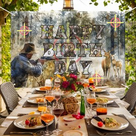 Hunting Happy Birthday Banner Backdrop Forest Wilderness Deer Hunting Themed Background Decor for Hunter Men Boys Birthday Party Favors Decorations Supplies 72x43in-BECKTEN