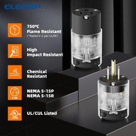 ELEGRP Lighted Straight Blade Electrical Plug and Connector Set, 15 Amp 125 Volt NEMA 5-15P NEMA 5-15R 2 Pole 3 Wire Grounding, Commercial Grade, Black, 2 Set