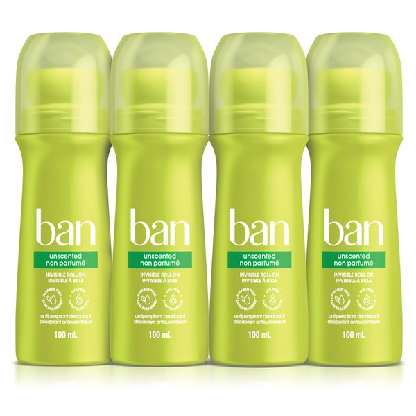 Ban Unscented Roll-on Antiperspirant Deodorant, 24-Hour Protection | Aluminum Free, Pack of 4