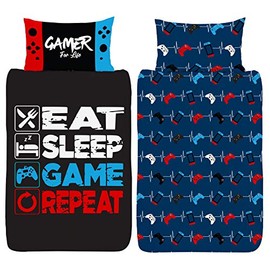 Gamer Single Duvet Cover - Eat Sleep Game Repeat Gaming Controller Design - Reversible Bedding Set - Polycotton