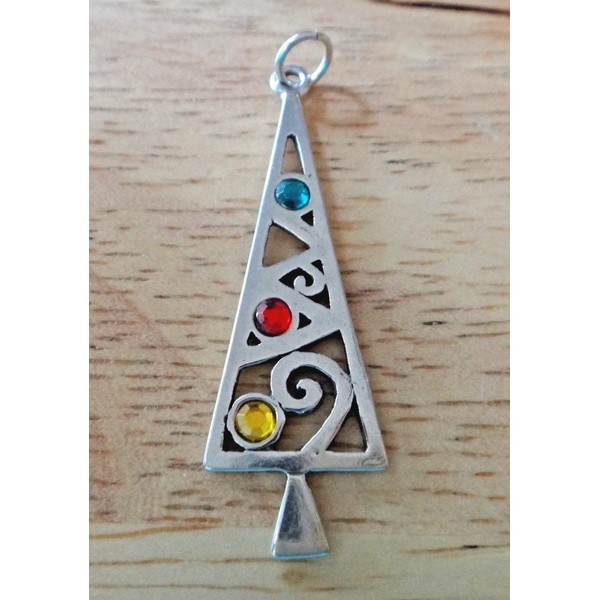 Sterling Silver 37x12mm Christmas Tree w/ Green Red Yellow Color