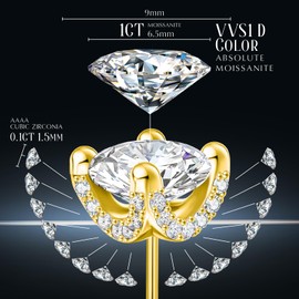 ABSOLUTE Moissanite Stud Earrings for Women S925 Sterling Silver Earrings Gift for Her 2 Carat D Color Gold-Plated Birthday With Certificate #Golden