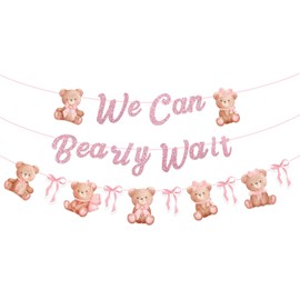 Whaline 8.2Ft Bear Banner Pink Bow Glitter We Can Bearly Wait Pre-Strung Garland Bear Baby Shower Party Decorations Coquette Bowknot Bear Hanging Ornament for Girl Birthday Gender Reveal Party, 3Pcs
