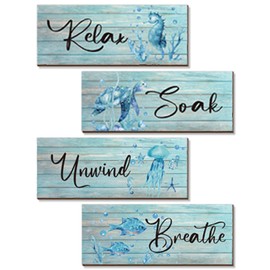 ZINYAZHE 4 Pieces Beach Theme Bathroom Decor Teal Sea Turtle Wall Art Funny Ocean Wooden Signs for Bathroom Bedroom Office Home Toilet Decoration(Teal Turtle 10x4 inch)