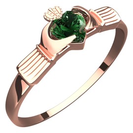 GWG Jewellery 18K Rose Gold Coated Claddagh Ring with Heart Shaped Emerald Green Stone Under Crown – 5 in Gift Box for Women