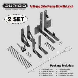 DURIGID Anti-Sag Gate Frame Kit with Gravity Gate Latch 2 Set, Used for Wooden Size from 2x4 and Up, Heavy Duty Gate Kit for Wooden Fence, Driveway Gates, Pool Gates, Black