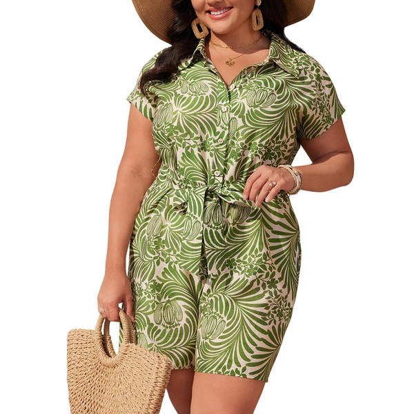 ROSCHICO Plus Size Romper for Curvy Women Floral Lace Up