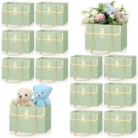 Lincia 12 Pcs Paper Flower Gift Bags Wedding Bouquet Flower Box with Handle Flower Boxes for Arrangements Gift Wrapping Bags Florist Handbag for Gift Wedding Baby Shower Party (Sage Green)