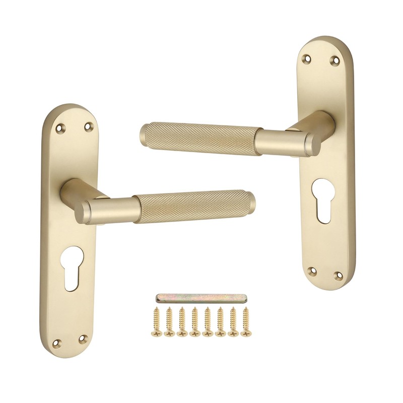 Infinity Decor Satin Brass Knurled Euro Lever Lock Door Handle
