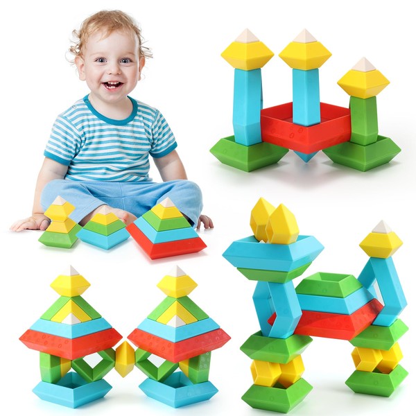 MOONTOY Stacking Toys for Toddlers 1-3, 30Pcs Montessori Stacking Toys, Learning Building Blocks for Toddlers 1-3, STEM Educational Toy, for Toddler 1-5 Year Old Boys Girls Christmas Birthday Gift
