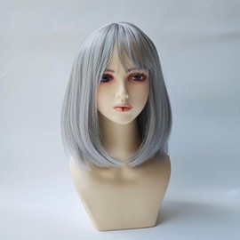 Silver Gray Wig with Bangs Ombre Grey Short Bob Natural Synthetic Hair Wig for Daily Party Use (Grey)