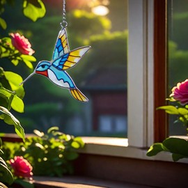 Hummingbird Stained Glass Suncatcher, Hand-Painted Decorative Hanging Ornaments Suncatcher for Window Stained Glass Window Hanging Memorial Gift for Bird Lover Sun Catchers Home Decor ﻿ (Green+Blue)
