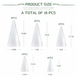 18 Pack Craft Foam Tree Cones, (4.6.8.10.13in) Styrofoam Cones for Craft, White Large Polystyrene Foam Cones for Craft Use for DIY Art Projects, Christmas Tree Holiday Decor and Holiday Gnomes