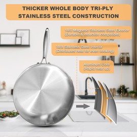 EWFEN 12 Inch Tri-Ply Stainless Steel Frying Pan, Stainless Steel Open Skillet, Induction Compatible