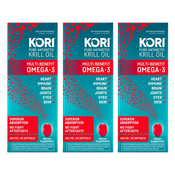 Kori Krill Oil Omega-3 600mg, 60 Softgels | Multi-Benefit Omega-3 Supplement | Superior Omega-3 Absorption vs Fish Oil and No Fishy Burps (Pack of 3)