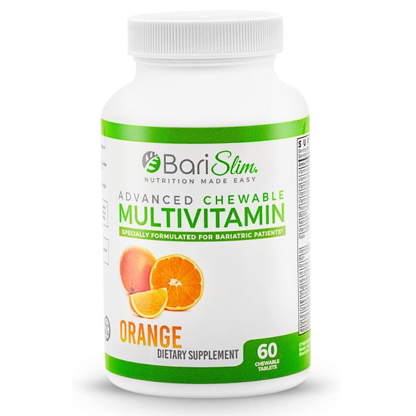 BariSlim Chewable Bariatric Multivitamin with Iron - Bariatric Vitamin and Supplement for Post Bariatric Sleeve Surgery - Gastric Bypass and Sleeve - Vitamins A, D, E, and K | Orange