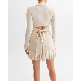 Sheface Women's Long Sleeve Ruffle Hem Knit Sweater Dress Collared Back Tie Knot Cut Out Mini Bodycon Dress Beige