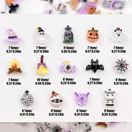 Halloween Nail Parts, Set of 100, Cute 3D Bat Ghost, Pumpkin, Halloween Parts, Spider Web Ghost, Clear Nail Parts, Stone, Decorative Parts, Handmade Resin Included, Random Shape (Multicolored B)