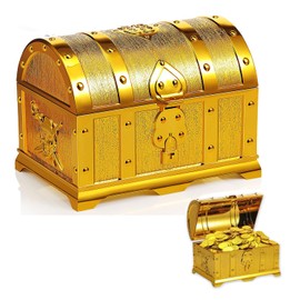 Bogoro Children's Birthday Gold Treasure Chest, Pirate Treasure Chest Caribe, Children's Small Treasure Chest Children's Birthday Made of Plastic, Pirate Treasure Chest, for Storage and Decorating