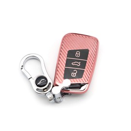 M.JVisun Soft Carbon Fiber Finish Car Key Fob Cover for Volkswagen Arteon Atlas Golf Alltrack Jetta Passat Taos SEL for Tiguan for Skoda Kodiaq Superb A7 Electroplated TPU Case with Keychain - Pink