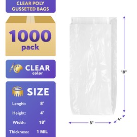 APQ Pack of 1000 Gusseted Poly Bags 8 x 4 x 18. Clear Polyethylene Bags 8x4x18. Thickness 1 Mil. Expandable Side Gusset Bags. Open Ended Bags for Industrial, Food Service, Health Needs.