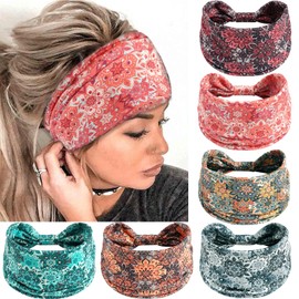 SAWINDA 6 Pack Boho Flower Print Headbands for Women Wide Twist Knotted Head Bands Elastic Non-Slip Hair Bands Vintage Head Wraps Turbans Yoga Workout Hair Accessories