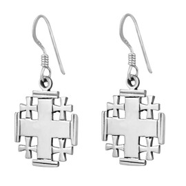 AeraVida Contemporary Jerusalem Cross Symmetric .925 Sterling Silver Dangle Earrings | Sterling Symmetrical Cross Earrings for Women | Cross Dangle Earrings for Women