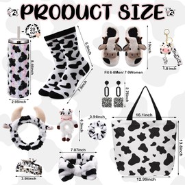 FillTouch 11 Pcs Cow Print Gifts Sets for Women Includes Tumbler Slippers Socks Earrings Hair Scrunchies Headbands Tote Bag Cow Print Stuff for Graduation Birthday Mother Nurses Farm Animal Lover