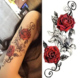 Yesallwas TATOO Tattoo Stickers, Rose Black, Cute, Lace Design, Women's, Set of 7, Red, Lotus Flower, Realistic Tattoo Stickers, Body Stickers, Men's, Women's, Waterproof, Easy to Apply to Arms, Feet, Body, Chest, Shoulder, Back