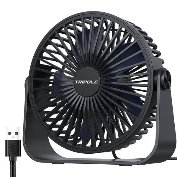 TriPole USB Desk Fan, 3 Speeds Air Flow Mini Desk Fan, 360° Rotation, Portable Personal Fan for Office, Bedroom, Outdoor Camping, 1.5M Cable, Black