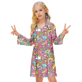 Hippie Bell Sleeve Dress 70s Hippie Peace and Love Disco Flare Dress 11-12 Years