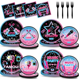 Yiaoyinnz 96PCS Music Party Supplies Musical Dinner Dessert Paper Plates Napkins Set Popular Singer Birthday Tableware Music Party Birthday Dinnerware Social Media Birthday Party Favors Decoration