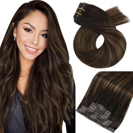 Moresoo Balayage Seamless Hair Extensions Clip in Human Hair Ombre Darkest Brown Mixed with Chestnut Brown Clip in Hair Extensions Human Hair Clip Extensions Full Head 7PCS 120G 14Inch