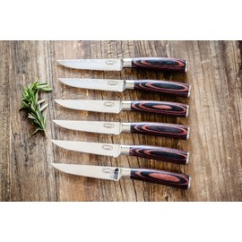 The Epicurean Cook Majesty Series Professional Steak Knife Set with Damascus Pattern - Razor Sharp Serrated Stainless Steel with Wooden Handle (Set of 6 Steak Knives)
