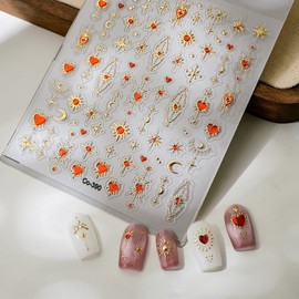 5D Embossed Gold Nail Art Stickers Gold Star Moon Nail Stickers for Acrylic Nails Self Adhesive Red Heart Nail Decals for Nail Art Designs Nail Supplies for Women Nail Decorations Accessories