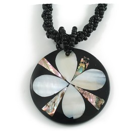 Avalaya Round Shell Pendant with Flower Motif Black Glass Bead Twisted Rope Necklace in Black/Silvery Grey/Abalone Colours - 44cm L/ 50mm Diameter