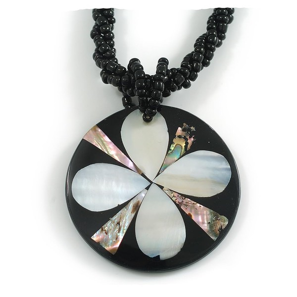 Avalaya Round Shell Pendant with Flower Motif Black Glass Bead