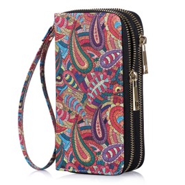 HAWEE Double Zipper Wallet for Woman Clutch Purse with Cell Phone Holder for Smart Phone/Card/Coin/Cash, Red Paisley