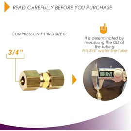 Ice Maker Water Line Brass Compression Tube Fitting, Union, 3/4” OD x 3/4” OD, 2 Pack